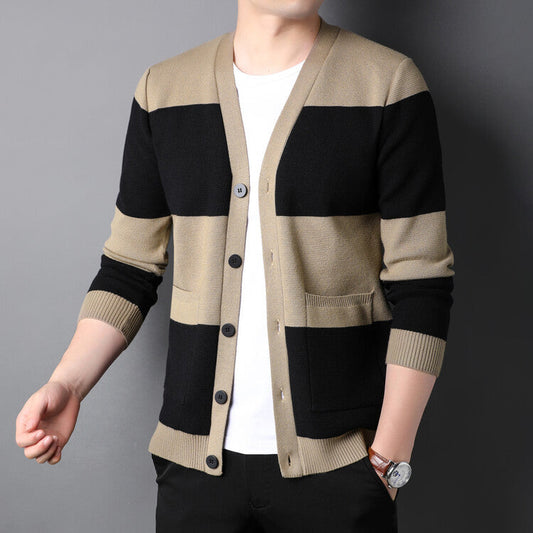 Herren Gestreifter Einreihiger Cardigan-Pullover – Ideal für Herbst und Frühling